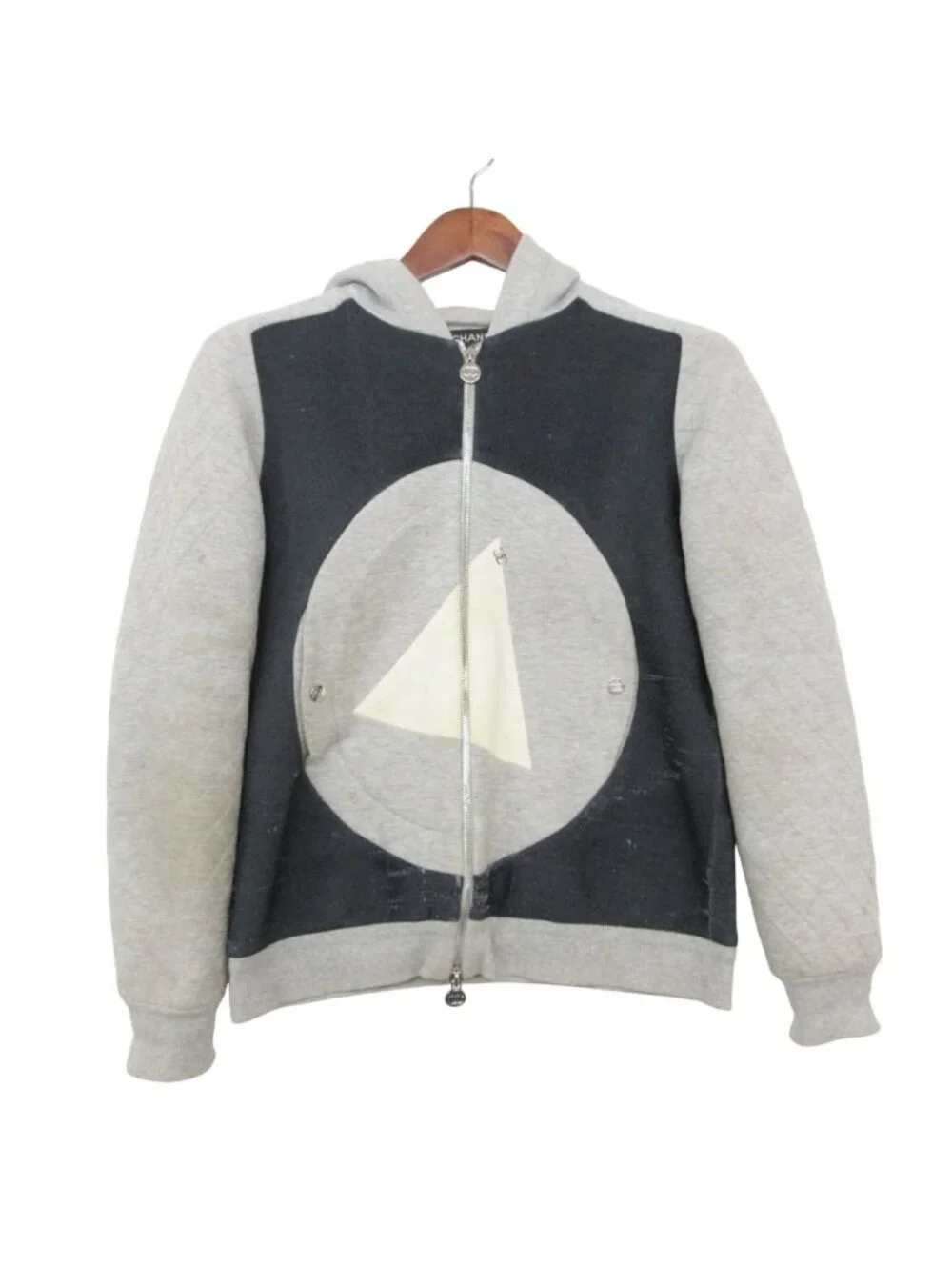 Chanel Hoodie Logo Charm CC Quilted Double Zip Sweatshirt Gray